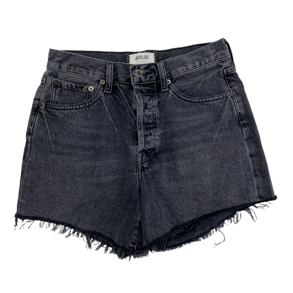 Agolde Women's Parker Long Shorts Size 25 Chromatic Denim Raw Hem Button Fly